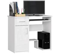 AKORD Bureau PC Jay avec Clavier et étagère PC | Meuble Ordinateur | 1 Tiroir, 1 étagère avec Porte, Repose-Pieds | L90 x H74 x P50 cm | Simple | Informatique | Desk | Blanc/Blanc Brillant