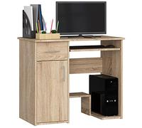 AKORD Bureau PC Jay avec Clavier et étagère PC | Meuble Ordinateur | 1 Tiroir, 1 étagère avec Porte, Repose-Pieds | L90 x H74 x P50 cm | Simple | Informatique | Desk | Chêne Sonoma