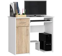 AKORD Bureau PC Jay avec Clavier et étagère PC | Meuble Ordinateur | 1 Tiroir, 1 étagère avec Porte, Repose-Pieds | L90 x H74 x P50 cm | Simple | Informatique | Desk | Blanc/Chêne Sonoma