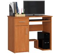 AKORD Bureau PC Jay avec Clavier et étagère PC | Meuble Ordinateur | 1 Tiroir, 1 étagère avec Porte, Repose-Pieds | L90 x H74 x P50 cm | Simple | Informatique | Desk | Aulne
