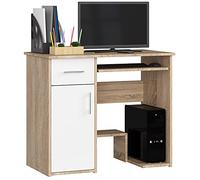 AKORD Bureau PC Jay avec Clavier et étagère PC | Meuble Ordinateur | 1 Tiroir, 1 étagère avec Porte, Repose-Pieds | L90 x H74 x P50 cm | Simple | Informatique | Desk | Chêne Sonoma/Blanc