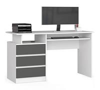 AKORD CLP 135 Bureau pour PC avec Plateau pour Clavier, Bureau d'ordinateur, 3 tiroirs, 1 Compartiment de Rangement, 135 x 77 x 60 cm, 45 kg, Blanc et Gris Graphite sur l'avant