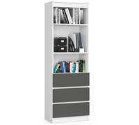 AKORD CLP Bibliothèque de bureau 60 cm | 3 tiroirs et 2 étagères debout | pour armoire, salon, chambre à coucher, bibliothèques | 60 x 35 x 180 cm | panneau laminé de 16 mm | Couleur blanc/gris