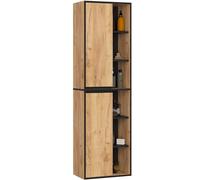 AKORD Colonne Salle de Bain Suspendue VAMI W50 - Meuble Mural 2 Portes, 10 Étagères - Rangement pour Cosmétiques et Serviettes, Fixation Murale - 50x170x30 cm - Chêne Craft & Noir