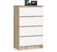 AKORD Commode 4 Tiroirs | 60x99x40 cm | Moderne Commode de Salon | Armoire Latérale Haut Buffet | Vaisselier Salle à Manger Chambre Couloir Salle de Bain Entree | Poids 35 kg | Chêne Sonoma|Blanc