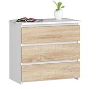 AKORD Commode CL-3 avec 3 tiroirs | Commode Classique pour La Chambre, Salon | Meuble de Rangement | L60 x H57 x P35 cm | Poids 26 kg | Blanc/Chêne Sonoma