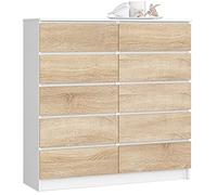 AKORD Commode K-120 avec 10 Tiroirs | Commode Classique pour La Chambre, Salon | Meuble de Rangement | L120 x H121 x P40 cm, Poids 70 kg | Blanc/Chêne Sonoma