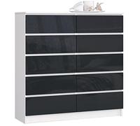 AKORD Commode K-120 avec 10 Tiroirs | Commode Classique pour La Chambre, Salon | Meuble de Rangement | L120 x H121 x P40 cm, Poids 70 kg | Blanc/Graphite Brillant