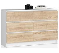 AKORD Commode K-120 avec 6 Tiroirs | Commode Classique pour La Chambre, Salon | Meuble de Rangement | L120 x H77 x P40 cm, Poids 43 kg | Blanc/Chêne Sonoma