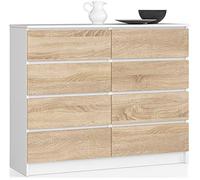 AKORD Commode K-120 avec 8 Tiroirs | Commode Classique pour La Chambre, Salon | Meuble de Rangement | L120 x H99 x P40 cm, Poids 65 kg | Blanc/Chêne Sonoma