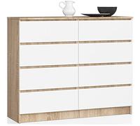 AKORD Commode K-120 avec 8 Tiroirs | Commode Classique pour La Chambre, Salon | Meuble de Rangement | L120 x H99 x P40 cm, Poids 65 kg | Chêne Sonoma/Blanc