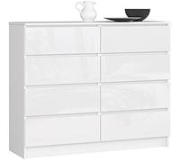 AKORD Commode K-120 avec 8 Tiroirs | Commode Classique pour La Chambre, Salon | Meuble de Rangement | L120 x H99 x P40 cm, Poids 65 kg | Blanc/Blanc Brillant