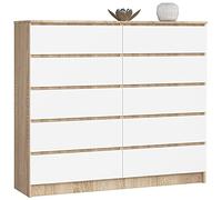 AKORD Commode K-140 avec 10 (2 x 5) tiroirs | Commode Salon | Commode Rangement | Meubles de Salon | L138 x H121 x P40 cm, Poids 75 kg | Chêne Sonoma/Blanc
