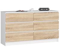 Commode AKORD K140 Blanche 138 cm 6 tiroirs façade Chêne Sonoma 138x40x77 cm