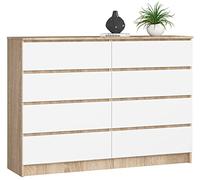 Commode AKORD K140 Chêne Sonoma 138 cm 8 tiroirs façade Blanche 138x40x99 cm