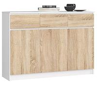 AKORD Commode K 140 cm 3 Tiroirs et 3 Portes pour Le Salon| Chambre | Armoire Salon Design Moderne Fonctionnel Panneau Stratifié 16mm | Blanc & Façade Sonoma
