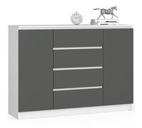 AKORD Commode K 140 cm 4 Tiroirs et 2 Portes pour Le Salon| Chambre | Bureau Salon Design Moderne Fonctionnel Panneau Stratifié | Couleur Blanc/Gris Graphite