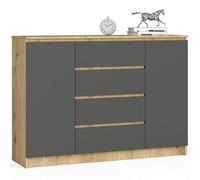 AKORD Commode K 140 cm 4 Tiroirs et 2 Portes pour Le Salon| Chambre | Bureau Salon Design Moderne Fonctionnel Panneau Stratifié | Chêne Artisan/Gris Graphite