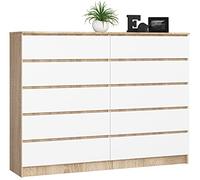 AKORD Commode K-160 avec 10 Tiroirs | Commode Classique pour La Chambre, Salon | Meuble de Rangement | L160 x H121 x P40 cm, Poids 80 kg | Chêne Sonoma/Blanc