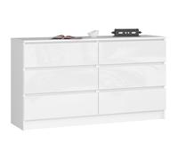 AKORD Commode K140 138 cm, 6 tiroirs, Blanc Brillant | 138 x 77 x 40 cm Buffet pour salon, meuble de chambre, meuble de rangement pour salle de travail & bureau