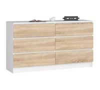 AKORD Commode K140 138 cm, 6 tiroirs, Blanc - Façade Chêne Sonoma | 138 x 77 x 40 cm Buffet pour salon, meuble de chambre, meuble de rangement pour salle de travail & bureau