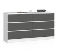 AKORD Commode K140 138 cm, 6 tiroirs, Blanc - Gris Graphite | 138 x 77 x 40 cm Buffet pour salon, meuble de chambre, meuble de rangement pour salle de travail & bureau