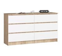 AKORD Commode K140 138 cm, 6 tiroirs, Chêne Sonoma - Façade Blanche | 138 x 77 x 40 cm Buffet pour salon, meuble de chambre, meuble de rangement pour salle de travail & bureau