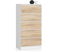 AKORD Commode K60 avec 5 tiroirs | Commode Classique pour La Chambre, Salon | Meuble de Rangement | L60 x H121 x P40 cm | Poids 39 kg | Blanc/Chêne Sonoma