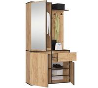 AKORD Ensemble de Vestiaire d'Entrée avec Miroir - 95 cm, 3 Portes, 1 Tiroir, 7 Étagères - Meuble d'Entrée - Optimum pour Petits Espaces - Couloir ou Entrée Étroit - Chêne-Craft