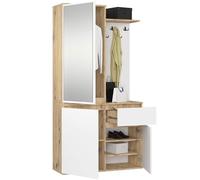 AKORD Ensemble de Vestiaire d'Entrée avec Miroir - 95 cm, 3 Portes, 1 Tiroir, 7 Étagères - Meuble d'Entrée - Optimum pour Petits Espaces - Couloir ou Entrée Étroit - Chêne-Artisanal & Blanc
