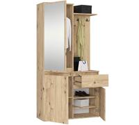AKORD Ensemble de Vestiaire d'Entrée avec Miroir - 95 cm, 3 Portes, 1 Tiroir, 7 Étagères - Meuble d'Entrée - Optimum pour Petits Espaces - Couloir ou Entrée Étroit - Chêne-Artisanal