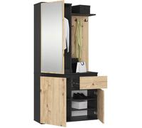 AKORD Ensemble de Vestiaire d'Entrée avec Miroir 95 cm, 3 Portes, 1 Tiroir, 7 Étagères, Noir & Chêne-Artisanal