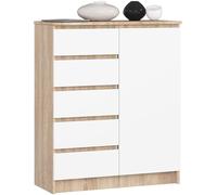 Commode AKORD K80 Chêne Sonoma 80 cm 1 porte 5 tiroirs façade Blanche 3 étagères 80x35x97 cm