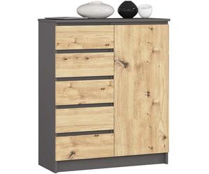 AKORD Kommode K-100 avec 1 Portes et 5 Tiroirs | pour Le Salon Chambre à Coucher | Moderne | Plateau Laminé 16mm | 80 x 35 x 97 cm | Chêne Artisanal & Gris Graphite
