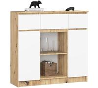AKORD Kommode K-100 avec 2 Portes et 3 Tiroirs 1 étagère | pour Le Salon Chambre à Coucher | Moderne | Plateau Laminé 16mm | 35 x 98 x 101 cm | Blanc & Chêne Artisanal