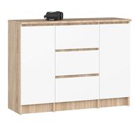 AKORD Kommode K-100 avec 2 Portes et 3 Tiroirs | pour Le Salon Chambre à Coucher | Moderne | Plateau Laminé 16mm | 35 x 76 x 101 cm | Blanc & Chêne Sonoma