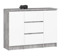 Commode AKORD K100 Béton 101 cm 2 portes 3 tiroirs façade Blanche 4 étagères 101x35x76 cm