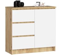 AKORD Kommode K-80 Jerry avec 3 Tiroirs | Armoire avec 2 étagères et 1 Porte | pour Le Salon Chambre à Coucher | Moderne | Plateau Laminé 16mm | 80x77x35 cm | Chêne Artisan + Façade Blanc