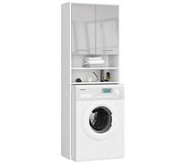 AKORD Meuble Buanderie Machine à Laver | 64x180x30 cm Poids 30 kg | Meuble pour Lave Linge avec Étagère 2 Portes 2 Casiers de Rangement | Meubles de Salle de Bain | Blanc & Façade Métallique Brillant