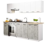AKORD | Meuble de Cuisine 2.4m | Kitchen Cabinet Set | Armoires au Sol & Suspendues | Tiroirs & Meuble sous évier | Blanc & Béton