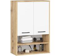 AKORD Meuble Salle de Bain Suspendu Fin 64 cm - 2 Portes, 2 Étagères 2 Compartiments Ouverts - Meuble Haut WC Meubles Suspendus - Armoire Murale Moderne 64x94x30 cm - Chêne Artisanal & Blanc
