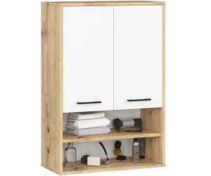 AKORD Meuble Salle de Bain Suspendu Fin 64 cm - 2 Portes, 2 Étagères 2 Compartiments Ouverts - Meuble Haut WC Meubles Suspendus - Armoire Murale Moderne 64x94x30 cm - Chêne Artisanal & Blanc