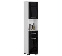 AKORD Meubles de Salle de Bain Haut | 2 Etagères avec Portes 1 Tiroir | 30 x 140 x 30 cm Poids 25 kg | Meuble Colonne Salle de Bains Rangements | sur Pied ou Mural | Blanc & Façade Noir Brillant