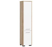 Colonne salle de bains AKORD FIN Chêne Sonoma 30 cm 2 portes façade Blanche 5 étagères 30x30x140 cm