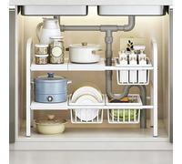AKOZLIN Organiseur sous évier extensible à 2 niveaux(blanc, 3 paniers) | étagère sous armoire avec paniers ,largeur 53 à 88 cm × profondeur 24,7 cm × hauteur 48,5 cm