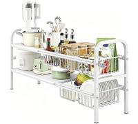 AKOZLIN Organiseur sous évier extensible à 2 niveaux(blanc,5 paniers) | étagère sous armoire avec paniers, largeur 53 à 88 cm × profondeur 24,7 cm × hauteur 48,5 cm