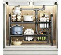 AKOZLIN Organiseur sous évier extensible à 2 niveaux(noir, 3 paniers) | étagère sous armoire avec paniers, largeur 53 à 88 cm × profondeur 24,7 cm × hauteur 48,5 cm