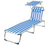 AKTIVE Hamac de Plage Pliable, Rayures Bleues, 186 x 49 x 30 cm, 5 Positions, butées Anti-basculement, Pare-Soleil, Coussin, supporte 110 kg, Structure en Aluminium, transat de terrasse
