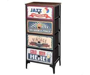 AKTIVE Max Home Commode de Chambre à Coucher Polyvalente, Graphisme Rétro et Vintage, 4 Tiroirs en Tissu Léger, 45X30X89 cm, Structure en Acier, Dessus en Bois, Tables de Chevet