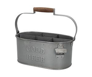 AKTIVE Panier en Métal pour 6 Bouteilles avec Décapsuleur Intégré, design Rustique Vintage Vieilli, Poignée en Bois, Idéal pour Barbecue, Pique-Nique, Camping, Jardin ou Comme Cadeau Décoratif (79014)